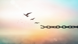 Illustration einer aufbrechenden Kette, deren Bruchstücke sich in wegfliegende Vögel verwandeln Illustration einer aufbrechenden Kette, deren Bruchstücke sich in wegfliegende Vögel verwandeln