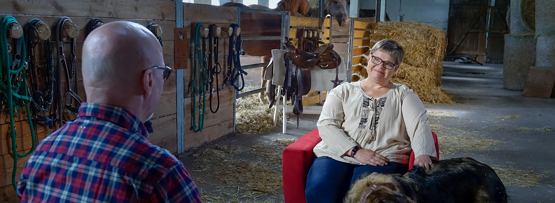 Marion Meisel sitzt in ihrem Pferdestall im Roten Sessel für ein Interview
