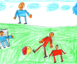 Kinderzeichnung eines glücklichen Sports mit Familie und Fußball