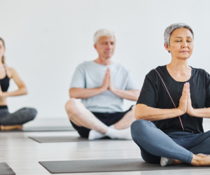 Menschen sitzen auf Matten im Lotussitz mit geschlossenen Augen und meditieren während einer Yoga-Stunde