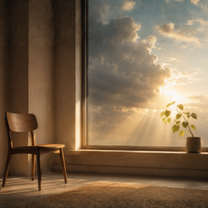 Ein schlichter Holzstuhl steht in einem ruhigen Raum neben einem großen Fenster. Durch aufbrechende Wolken fällt warmes Morgenlicht auf den Boden, während eine kleine Topfpflanze auf der Fensterbank dem Licht entgegenwächst