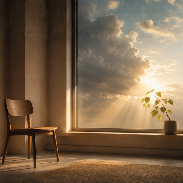 Ein schlichter Holzstuhl steht in einem ruhigen Raum neben einem großen Fenster. Durch aufbrechende Wolken fällt warmes Morgenlicht auf den Boden, während eine kleine Topfpflanze auf der Fensterbank dem Licht entgegenwächst