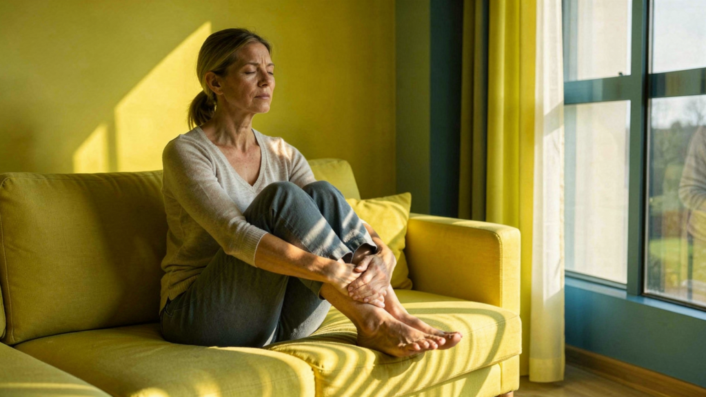 Eine Frau sitzt auf einem gelben Sofa, Augen geschlossen und die Beine angewinkelt auf der Sitzfläche. Sie hat die Augen geschlossen und scheint zu ruhen, durch das Fenster scheint helles Sonnenlicht ins Zimmer.