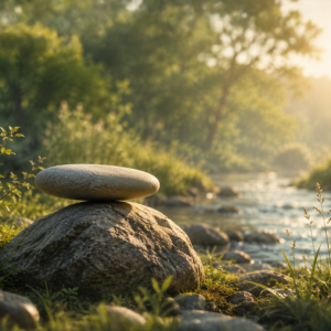 Ein flacher Stein liegt ausbalanciert auf einem größeren Felsen am Ufer eines ruhigen Bachs. Weiches Morgenlicht, sanftes Grün und fließendes Wasser schaffen eine Atmosphäre von Ruhe, Gleichgewicht und Erholung.