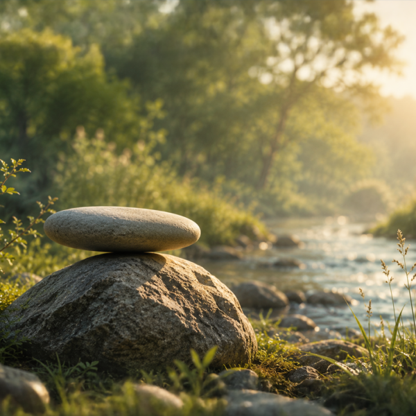 Ein flacher Stein liegt ausbalanciert auf einem größeren Felsen am Ufer eines ruhigen Bachs. Weiches Morgenlicht, sanftes Grün und fließendes Wasser schaffen eine Atmosphäre von Ruhe, Gleichgewicht und Erholung.