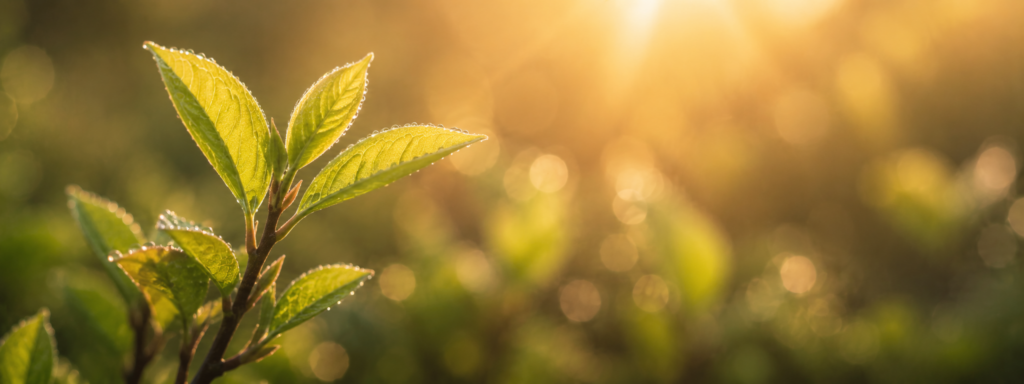 Junge, frische Blätter/Pflanze in warmem Morgenlicht, Tautropfen.
Symbol für Erneuerung in kleinen Schritten. Warmgoldene Töne, keine dramatische Perspektive