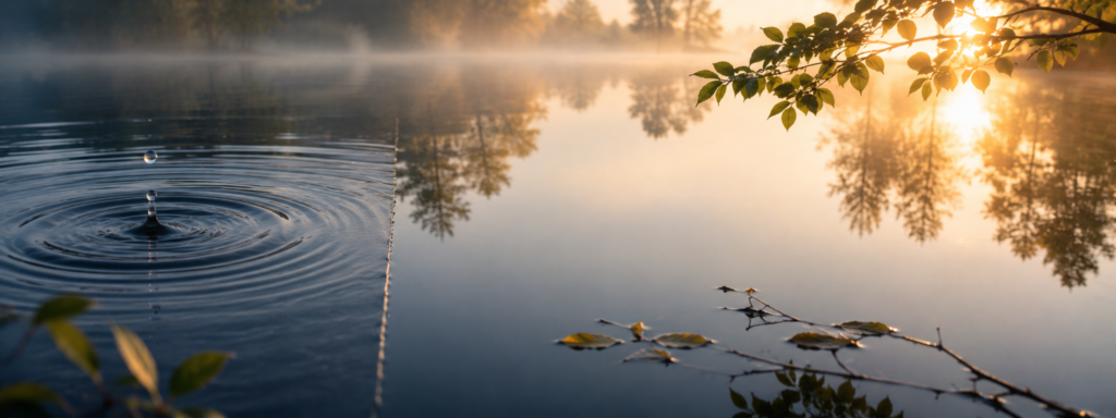 Ein Wassertropfen erzeugt konzentrische Wellen auf einem ruhigen See im Morgenlicht. Die Wellen enden abrupt an einer unsichtbaren Grenze, während die Wasseroberfläche dahinter spiegelglatt bleibt und Bäume sowie Himmel reflektiert.